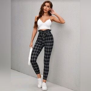 Black & White Plaid Paperbag Waist Pants